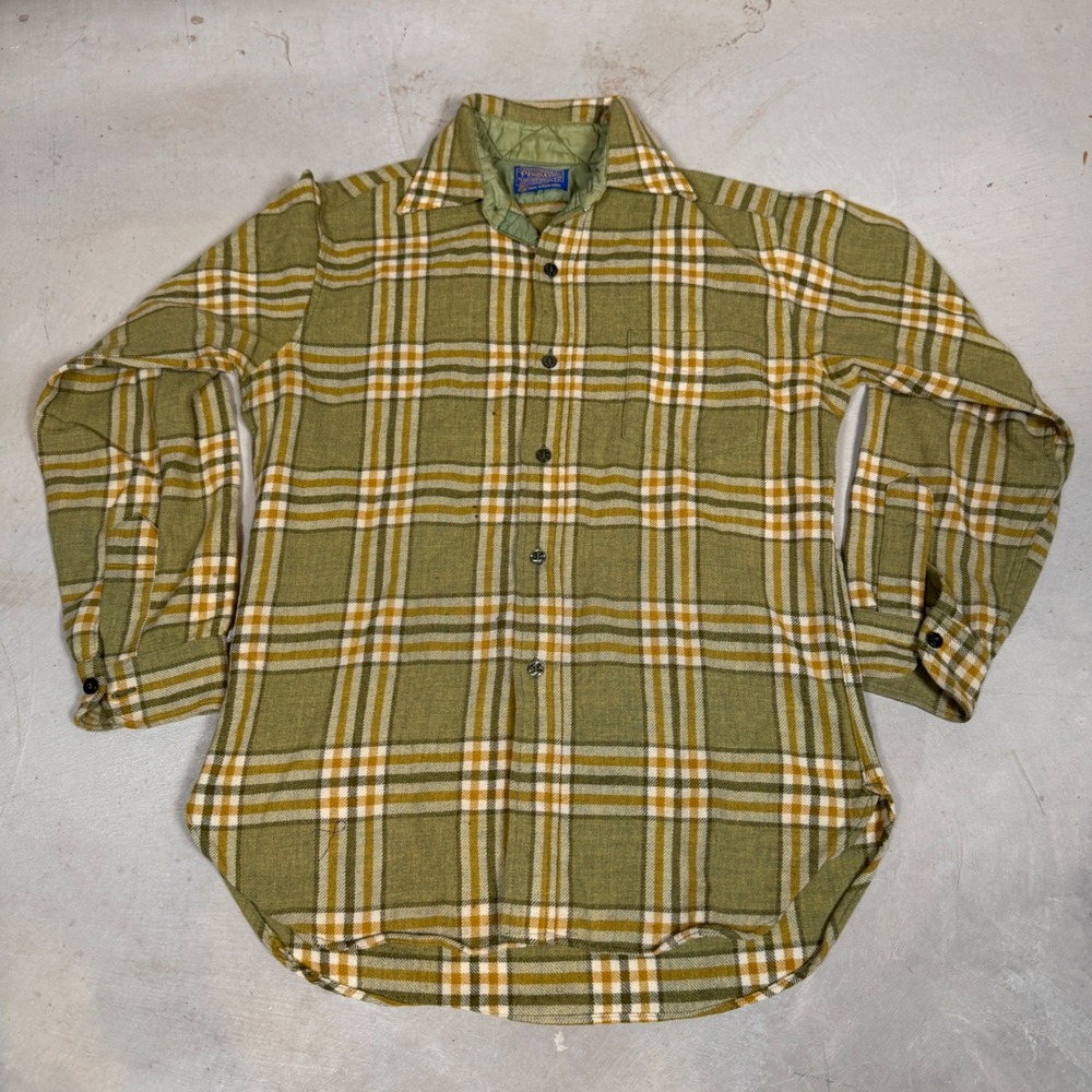 Vtg Pendleton Wool Plaid Shirt Mens Medium Olive Green Quilted Collar Flannel